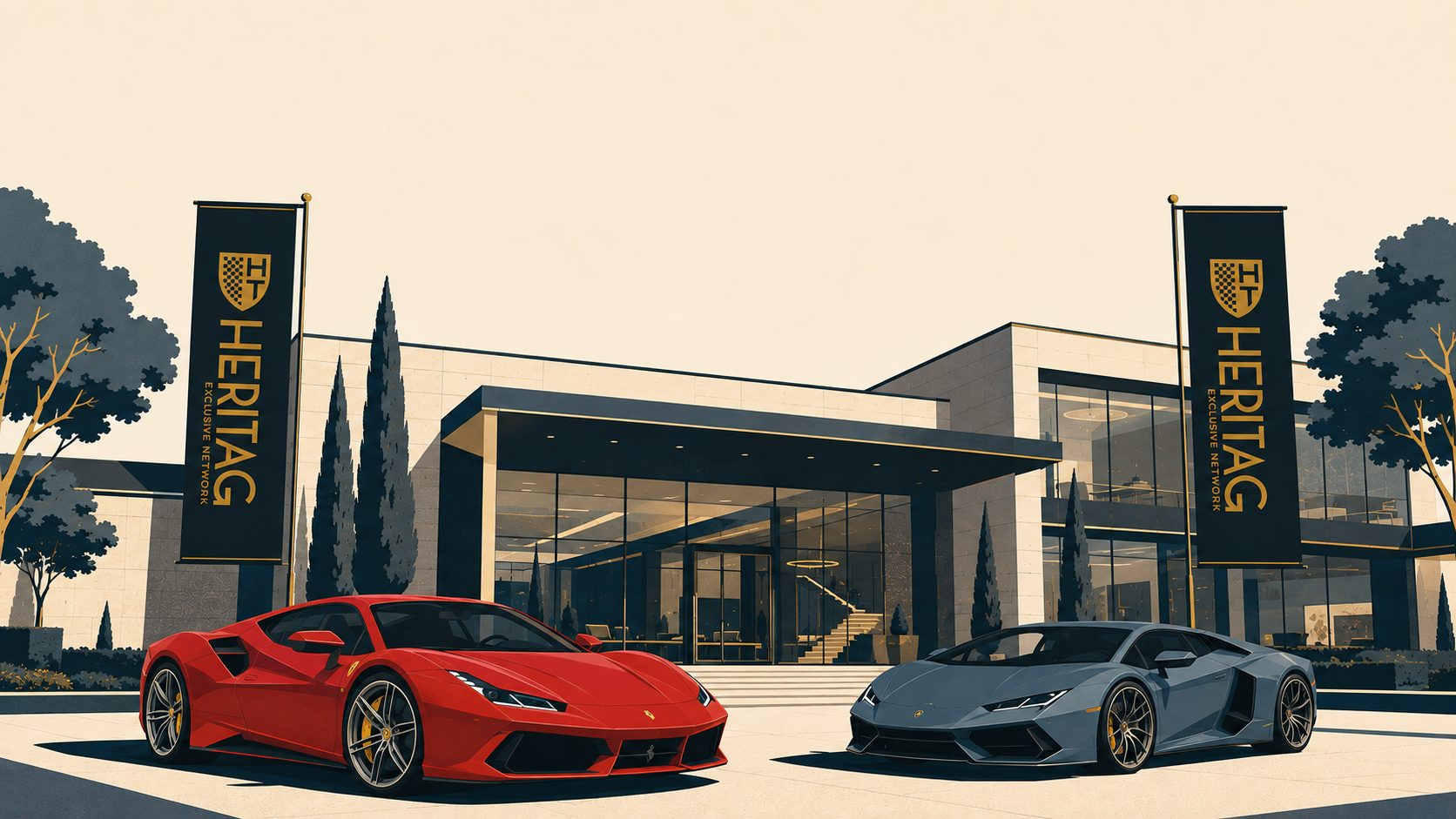 A HERITAG Club House exterior with supercars at the entrance